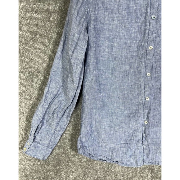 Sigrid Olsen Linen Button Up Shirt Womens Size Medium Blue Roll Tab Sleeve FLAW - Picture 13 of 16